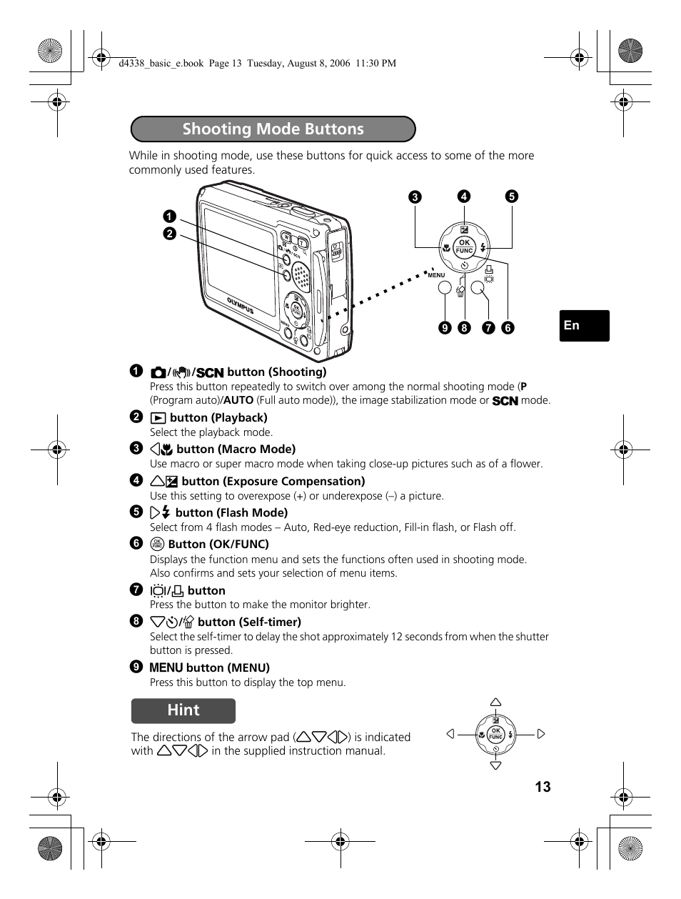 Shooting mode buttons, Hint | Olympus Stylus 725 SW User Manual | Page 13 / 84