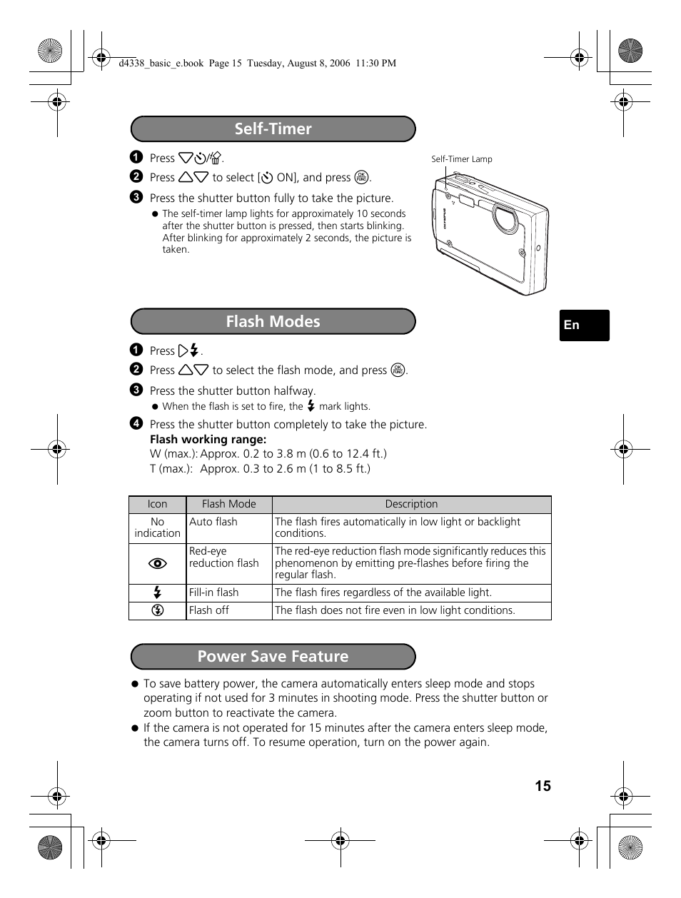 Self-timer, Flash modes, Power save feature | Flash modes power save feature | Olympus Stylus 725 SW User Manual | Page 15 / 84
