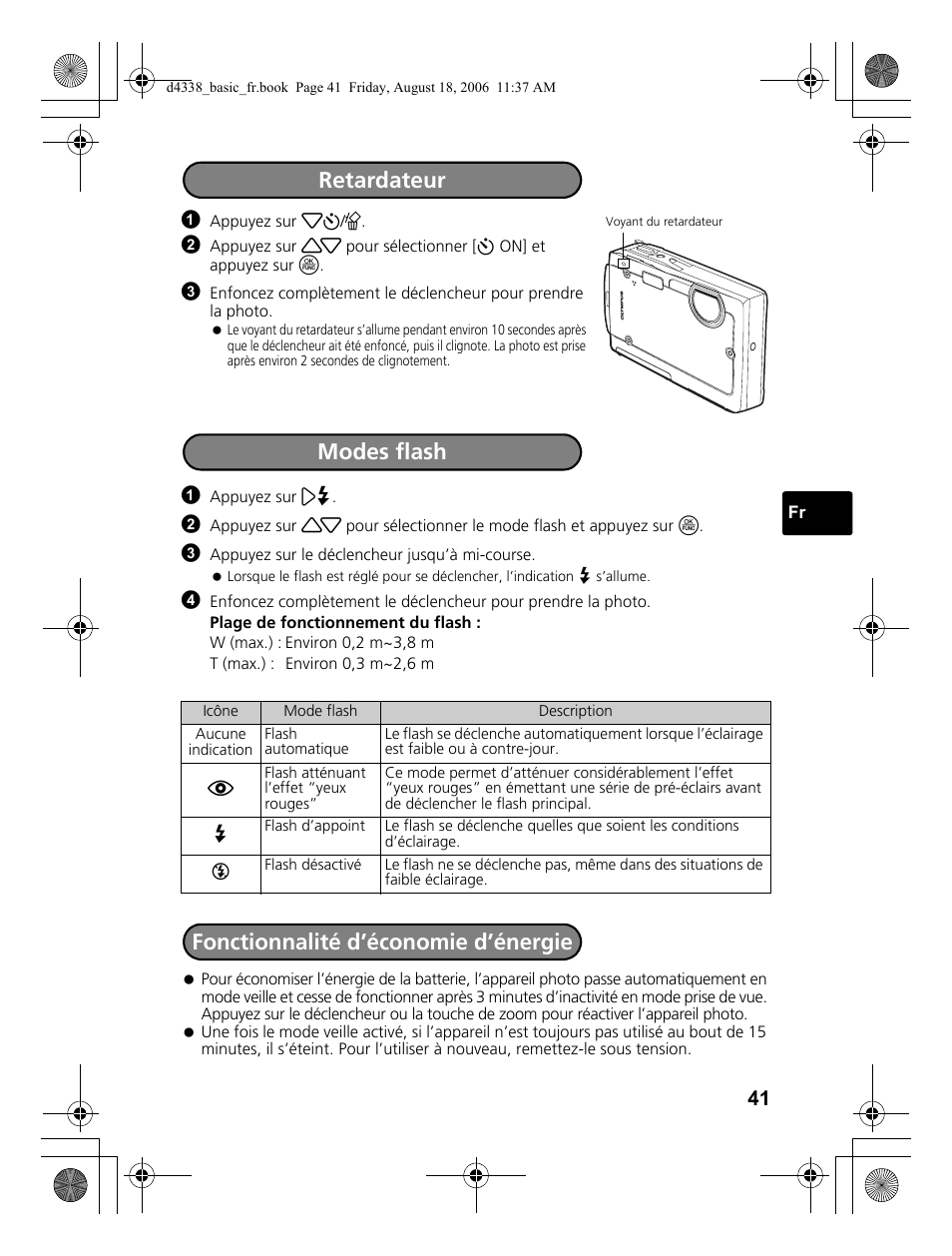 Retardateur, Modes flash fonctionnalité d’économie d’énergie | Olympus Stylus 725 SW User Manual | Page 41 / 84