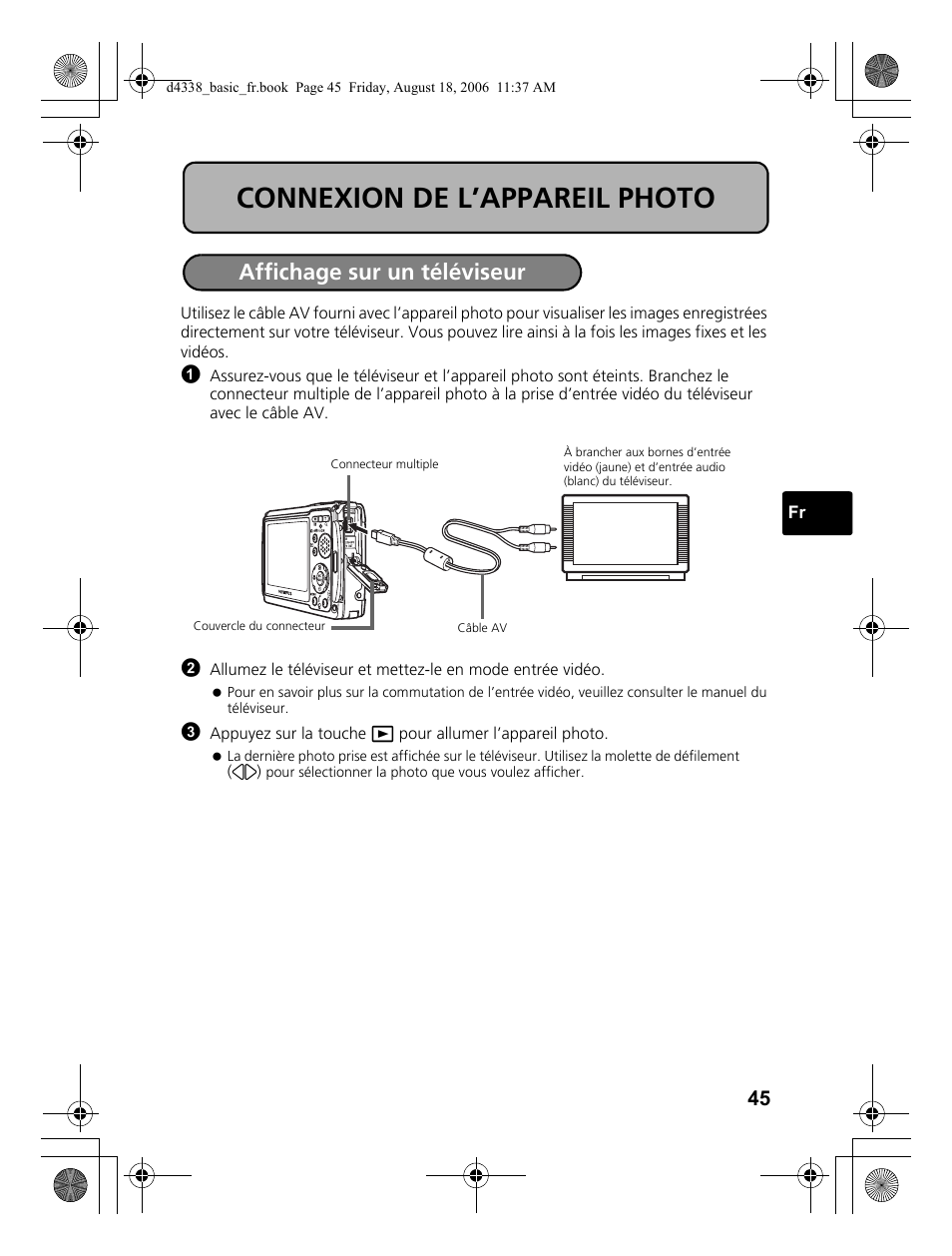 Connexion de l’appareil photo, Affichage sur un téléviseur | Olympus Stylus 725 SW User Manual | Page 45 / 84