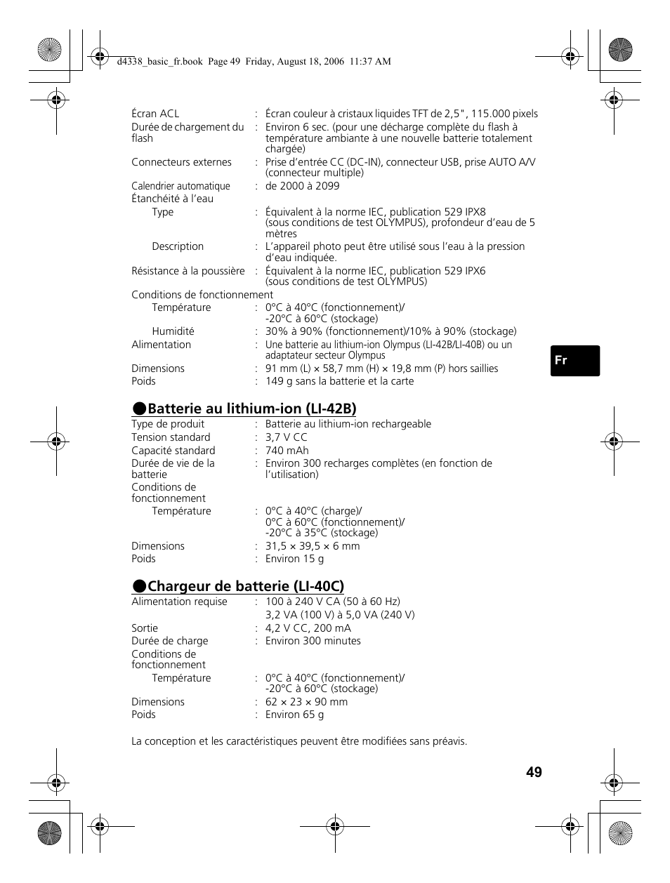 Batterie au lithium-ion (li-42b), Chargeur de batterie (li-40c) | Olympus Stylus 725 SW User Manual | Page 49 / 84
