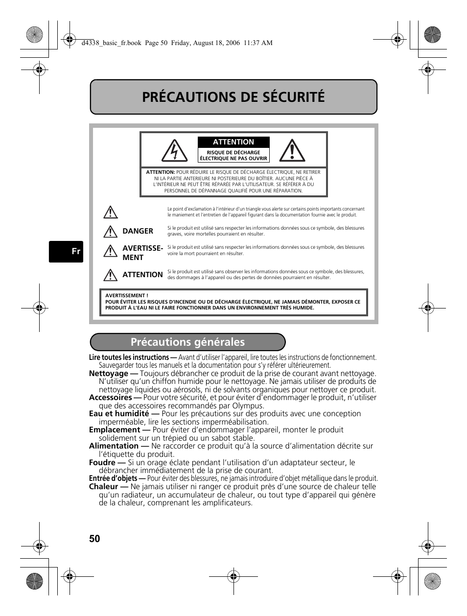 Précautions de sécurité, Précautions générales | Olympus Stylus 725 SW User Manual | Page 50 / 84