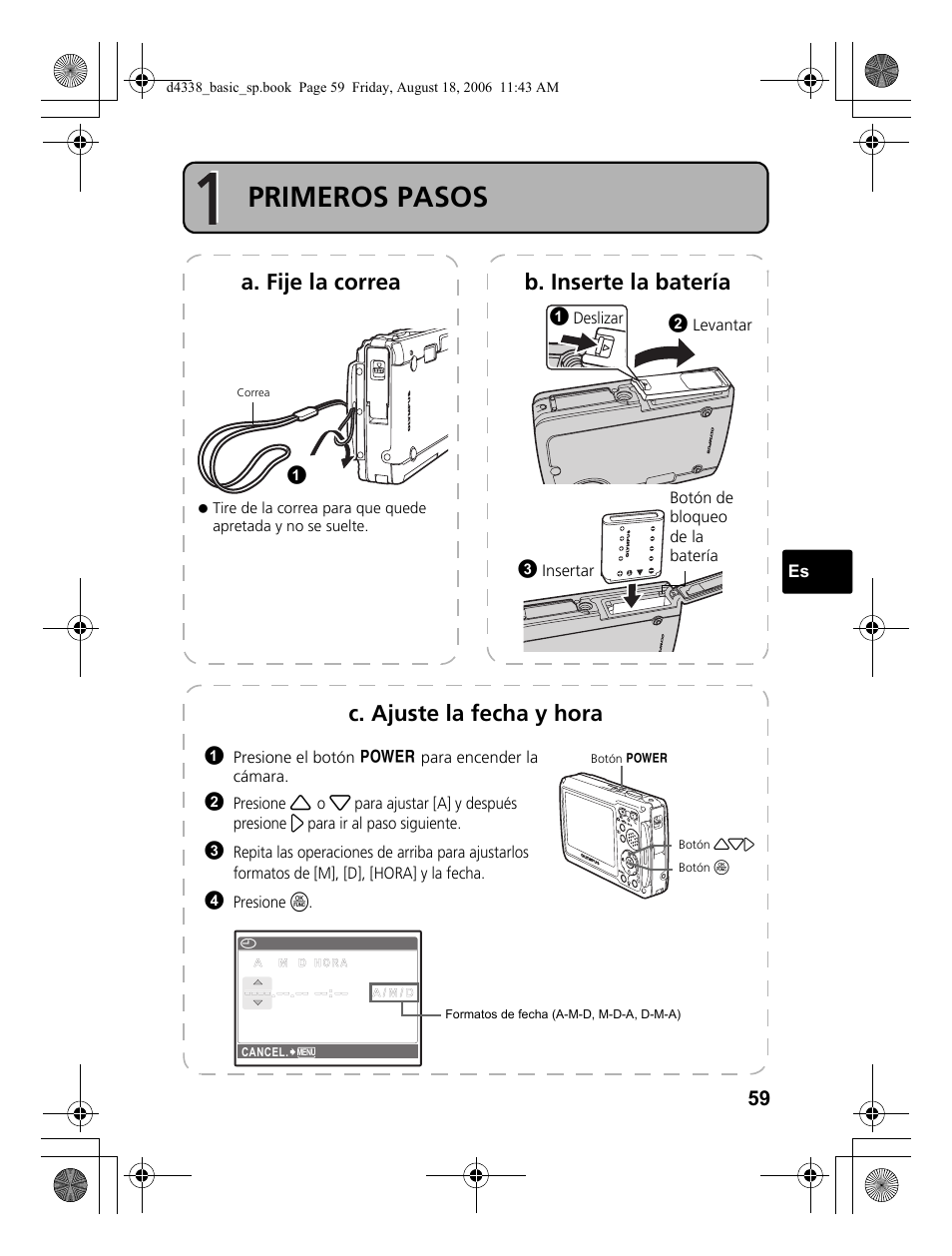 Primeros pasos, A. fije la correa b. inserte la batería, C. ajuste la fecha y hora | Olympus Stylus 725 SW User Manual | Page 59 / 84