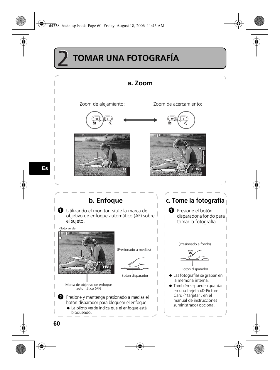 Tomar una fotografía, A. zoom, C. tome la fotografía | B. enfoque | Olympus Stylus 725 SW User Manual | Page 60 / 84