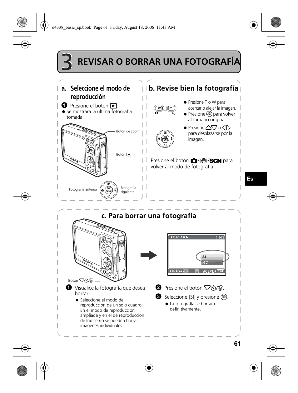 Revisar o borrar una fotografía, C. para borrar una fotografía | Olympus Stylus 725 SW User Manual | Page 61 / 84