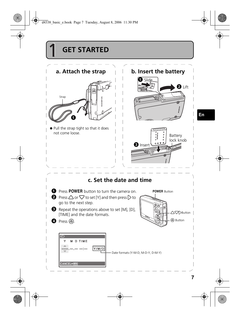 Getting started, Step 1 get started, Get started | A. attach the strap b. insert the battery, C. set the date and time | Olympus Stylus 725 SW User Manual | Page 7 / 84