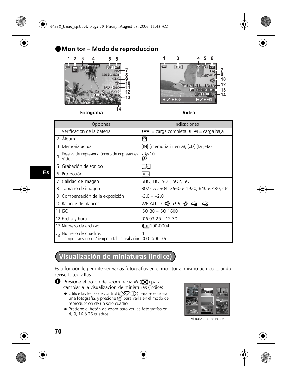 Visualización de miniaturas (índice), Monitor – modo de reproducción | Olympus Stylus 725 SW User Manual | Page 70 / 84