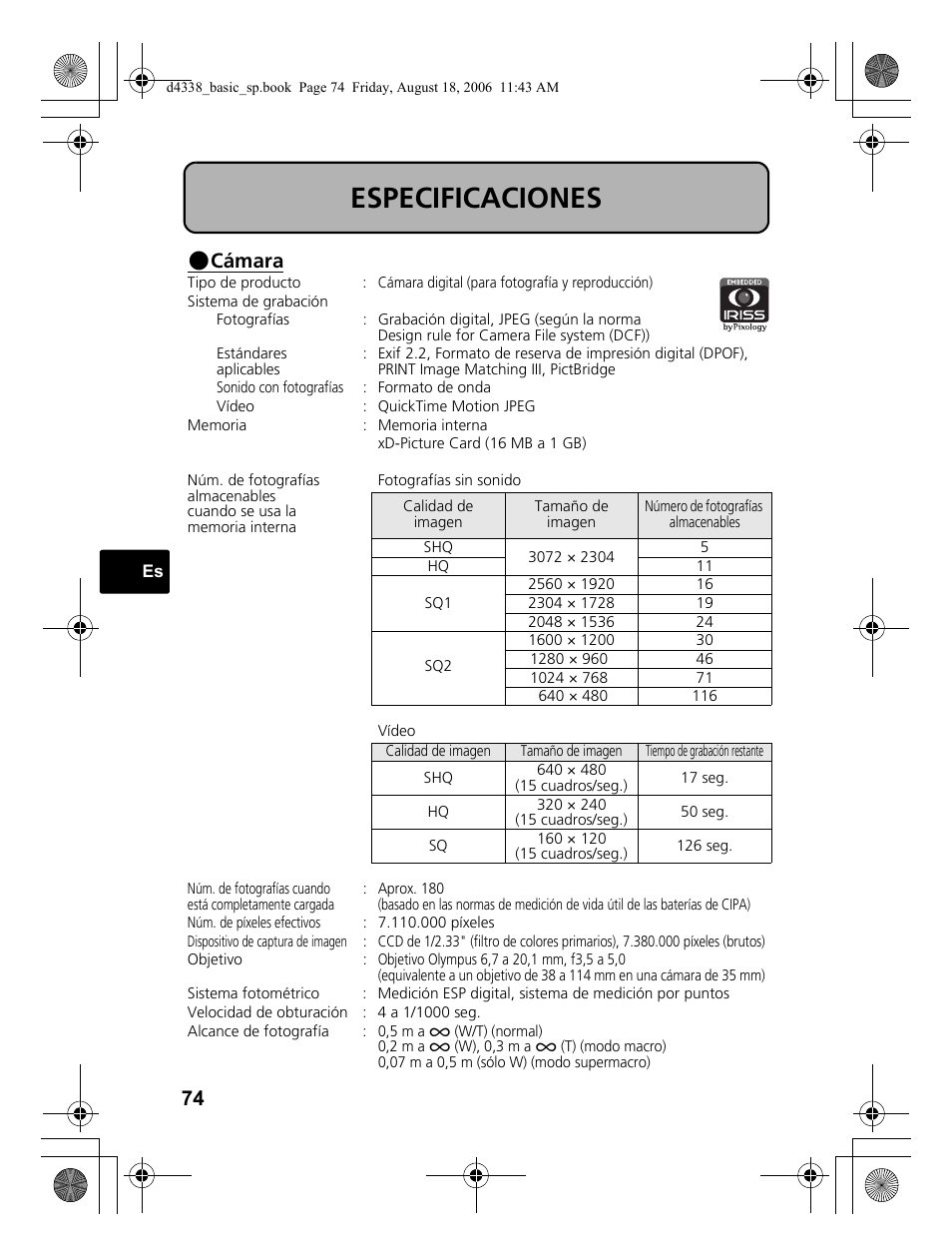 Especificaciones, Cámara | Olympus Stylus 725 SW User Manual | Page 74 / 84