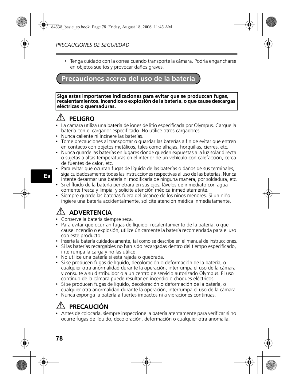 Precauciones acerca del uso de la batería | Olympus Stylus 725 SW User Manual | Page 78 / 84