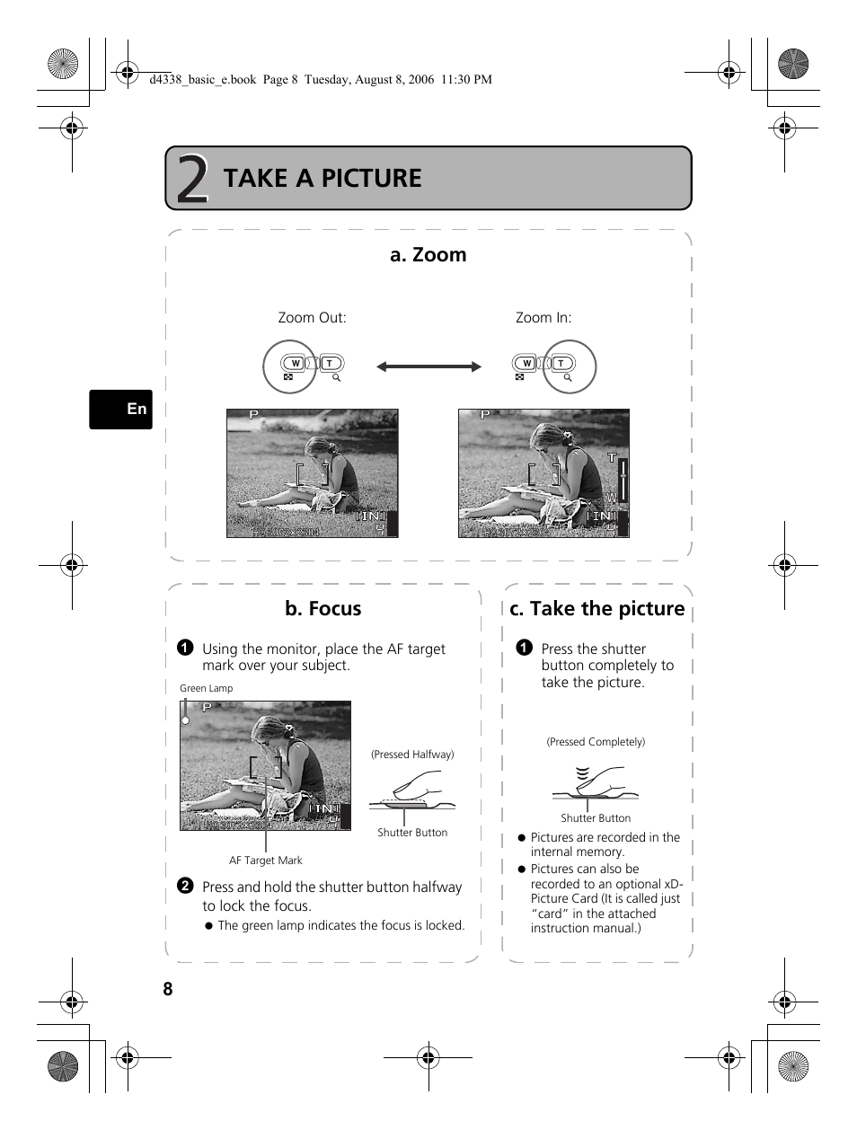 Step 2 take a picture, Take a picture, A. zoom | C. take the picture, B. focus | Olympus Stylus 725 SW User Manual | Page 8 / 84