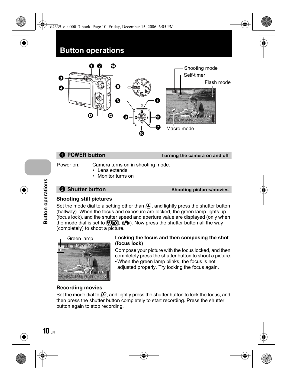 Button operations | Olympus FE-250 User Manual | Page 10 / 76