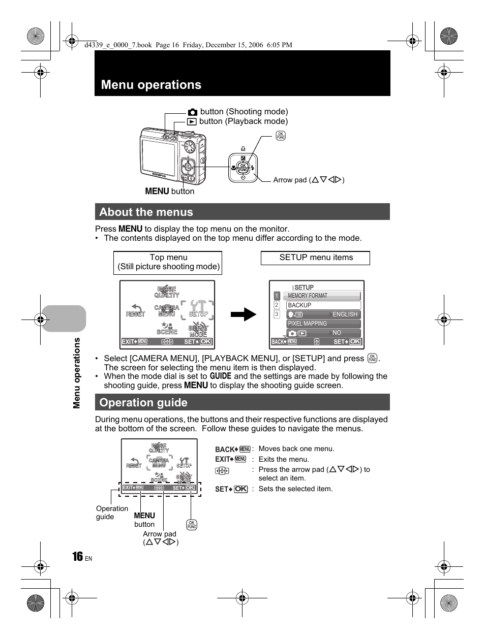 About the menus operation guide, Menu operations | Olympus FE-250 User Manual | Page 16 / 76