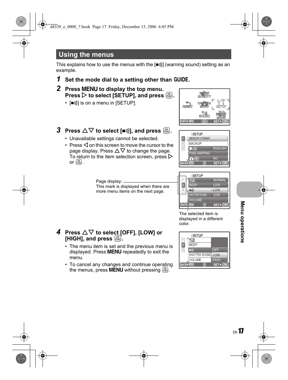Using the menus, Set the mode dial to a setting other than r, Press on to select [ 8 ], and press | Menu operations | Olympus FE-250 User Manual | Page 17 / 76