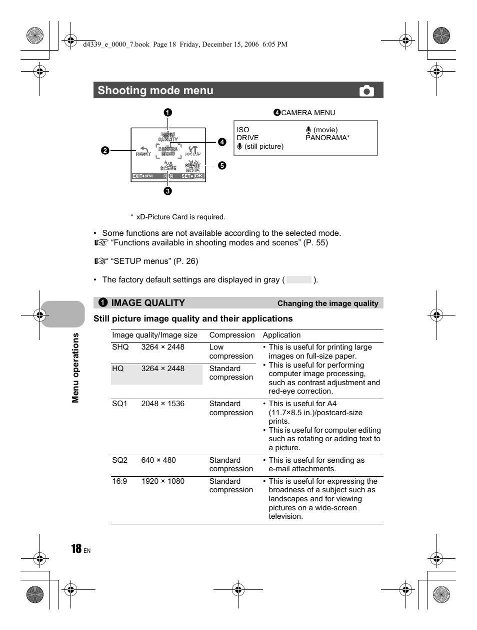 Shooting mode menu k, Image quality | Olympus FE-250 User Manual | Page 18 / 76