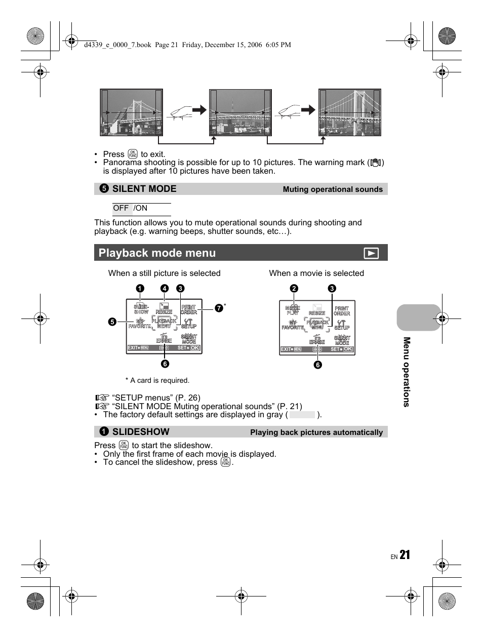 Playback mode menu q, Silent mode, Slideshow | Menu operations | Olympus FE-250 User Manual | Page 21 / 76