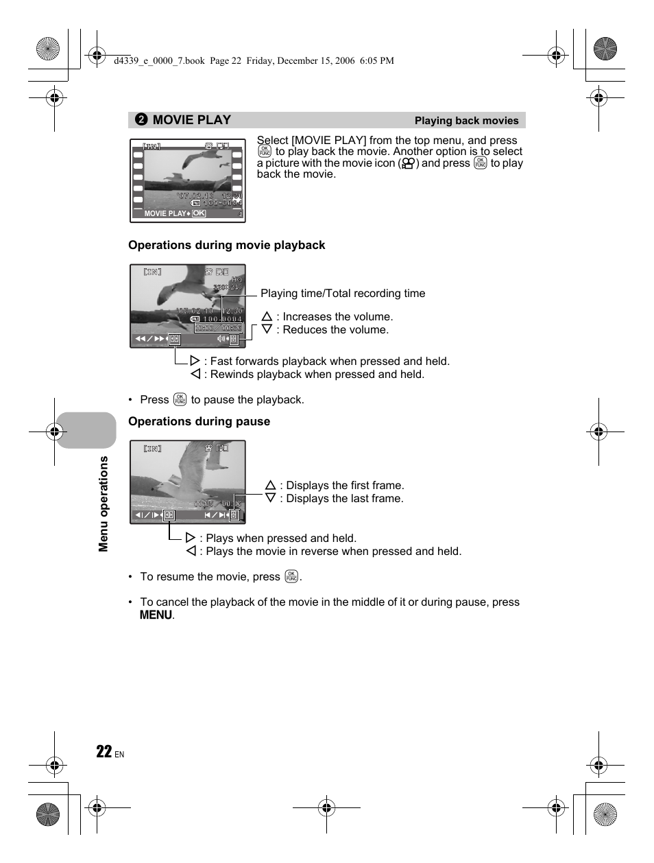 Movie play, Menu operations, Operations during movie playback | Operations during pause | Olympus FE-250 User Manual | Page 22 / 76