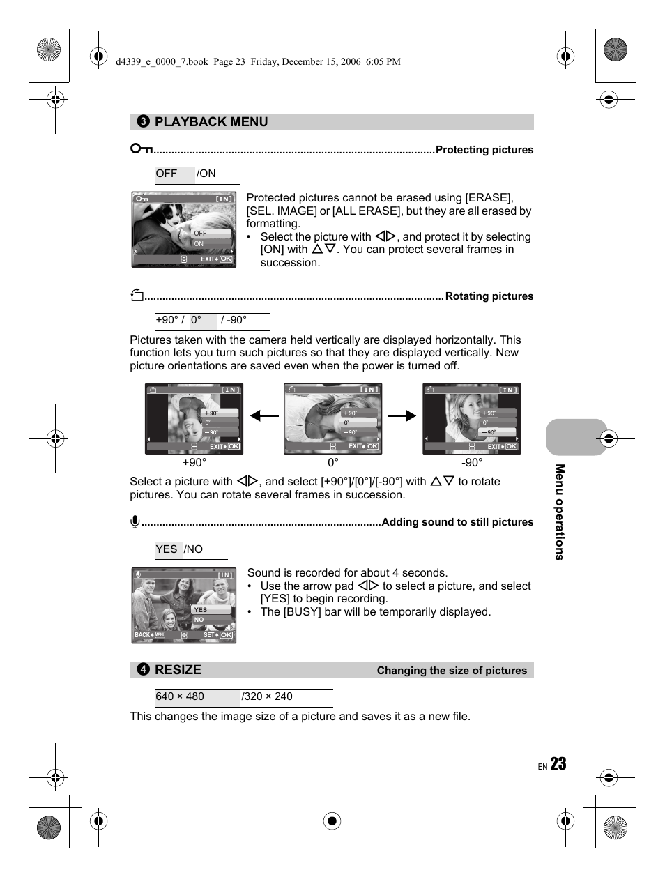 Playback menu 0, Resize, Menu operations | Olympus FE-250 User Manual | Page 23 / 76