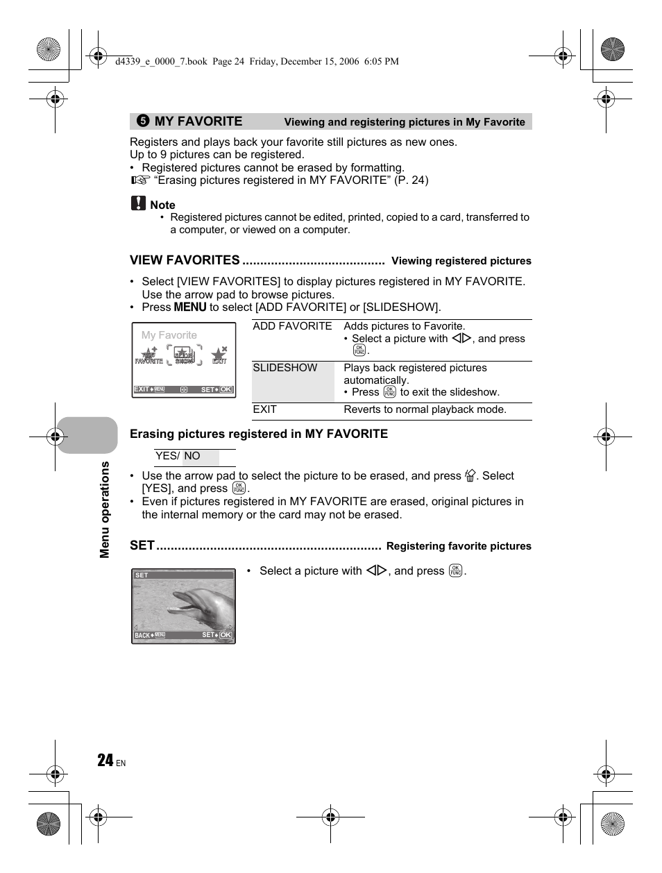 My favorite, View favorites | Olympus FE-250 User Manual | Page 24 / 76