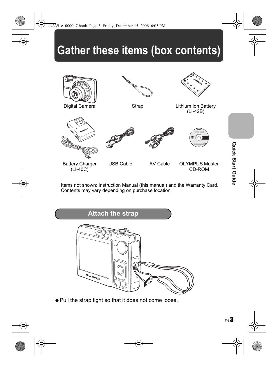 Gather these items (box contents), Attach the strap | Olympus FE-250 User Manual | Page 3 / 76