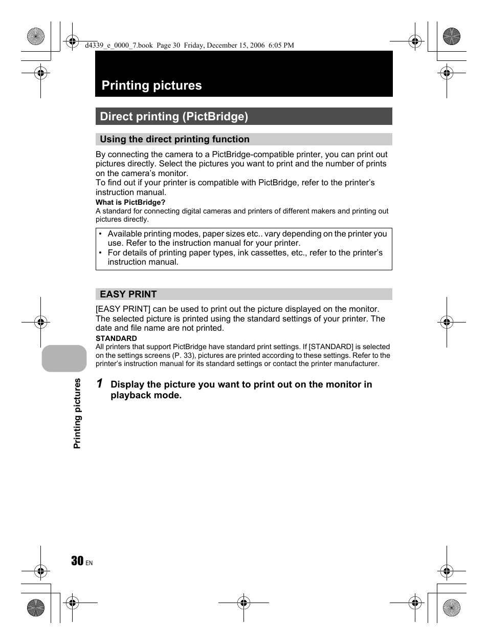 Printing pictures, Direct printing (pictbridge) | Olympus FE-250 User Manual | Page 30 / 76