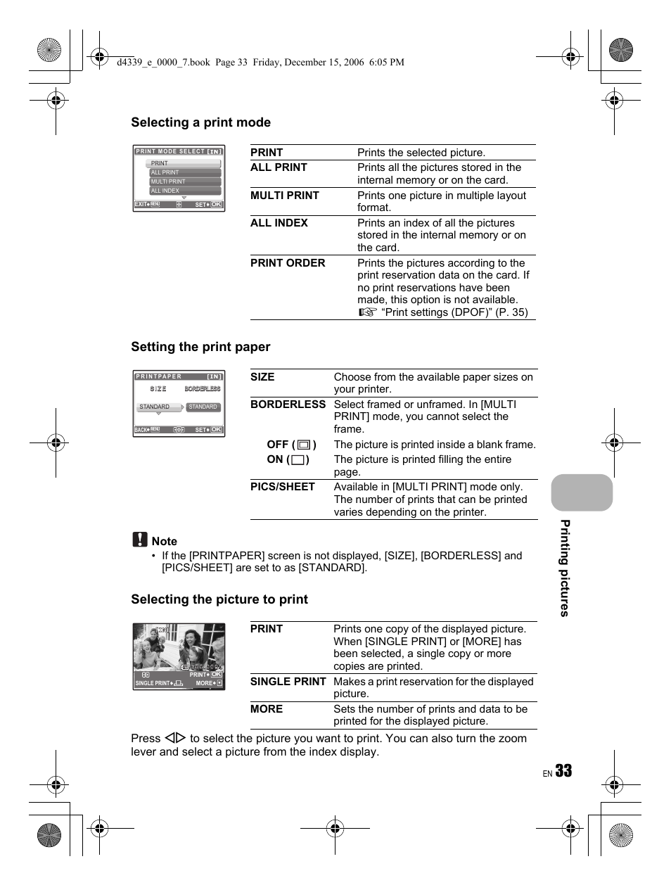 Printing pictures | Olympus FE-250 User Manual | Page 33 / 76
