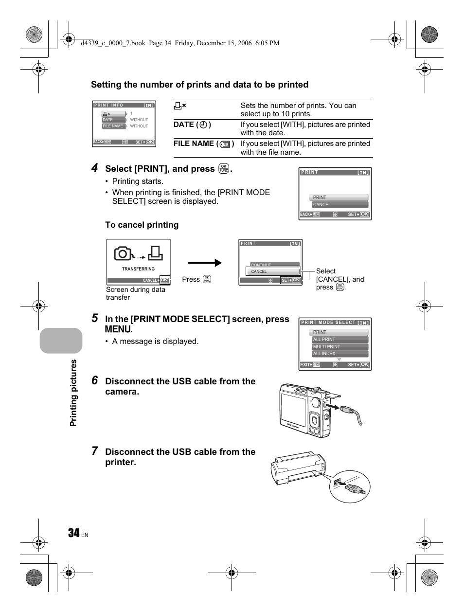 Select [print], and press, Disconnect the usb cable from the camera, Printing pictures | Olympus FE-250 User Manual | Page 34 / 76