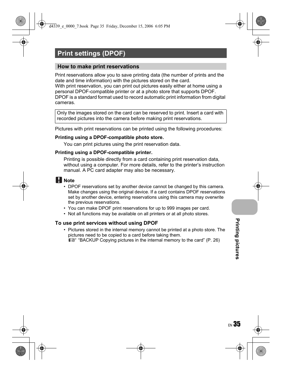 Print settings (dpof) | Olympus FE-250 User Manual | Page 35 / 76
