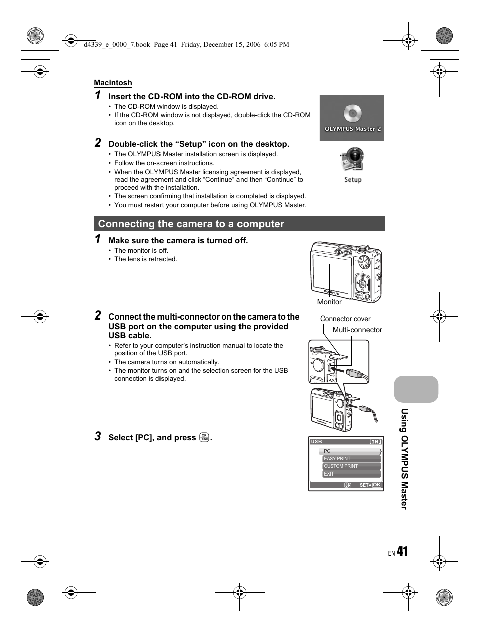 Connecting the camera to a computer | Olympus FE-250 User Manual | Page 41 / 76