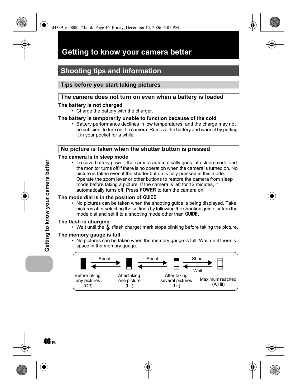 A b c d, Getting to know your camera better, Shooting tips and information | Olympus FE-250 User Manual | Page 46 / 76
