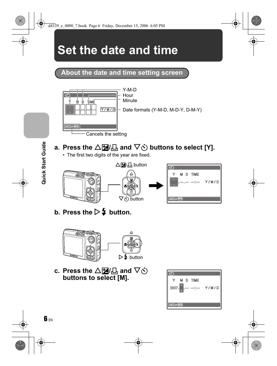 Set the date and time, A. press the of / < and ny buttons to select [y | Olympus FE-250 User Manual | Page 6 / 76