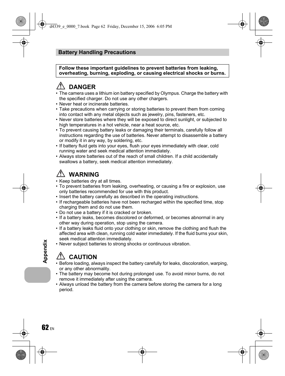 Danger, Warning, Caution | Olympus FE-250 User Manual | Page 62 / 76