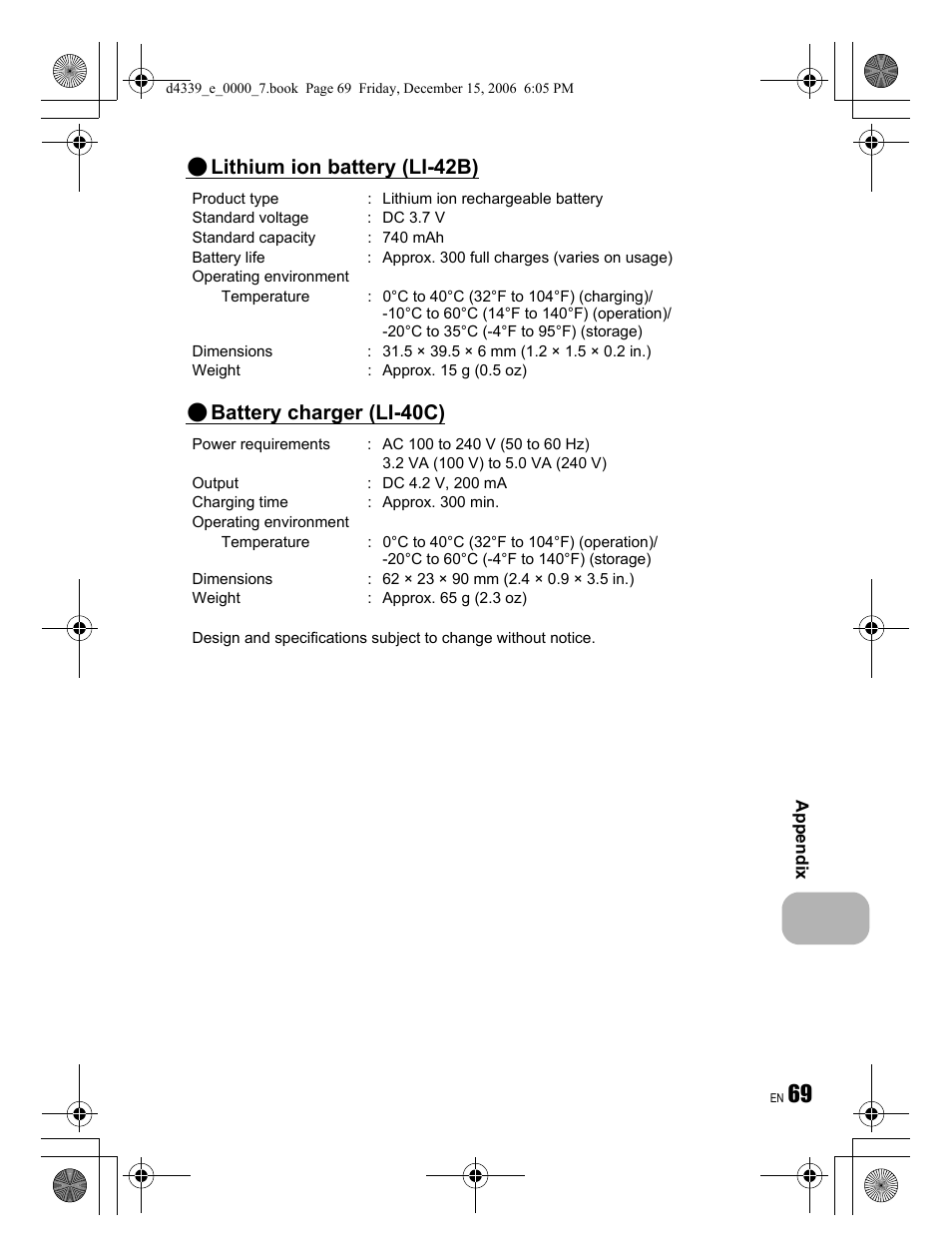 Lithium ion battery (li-42b), Battery charger (li-40c) | Olympus FE-250 User Manual | Page 69 / 76