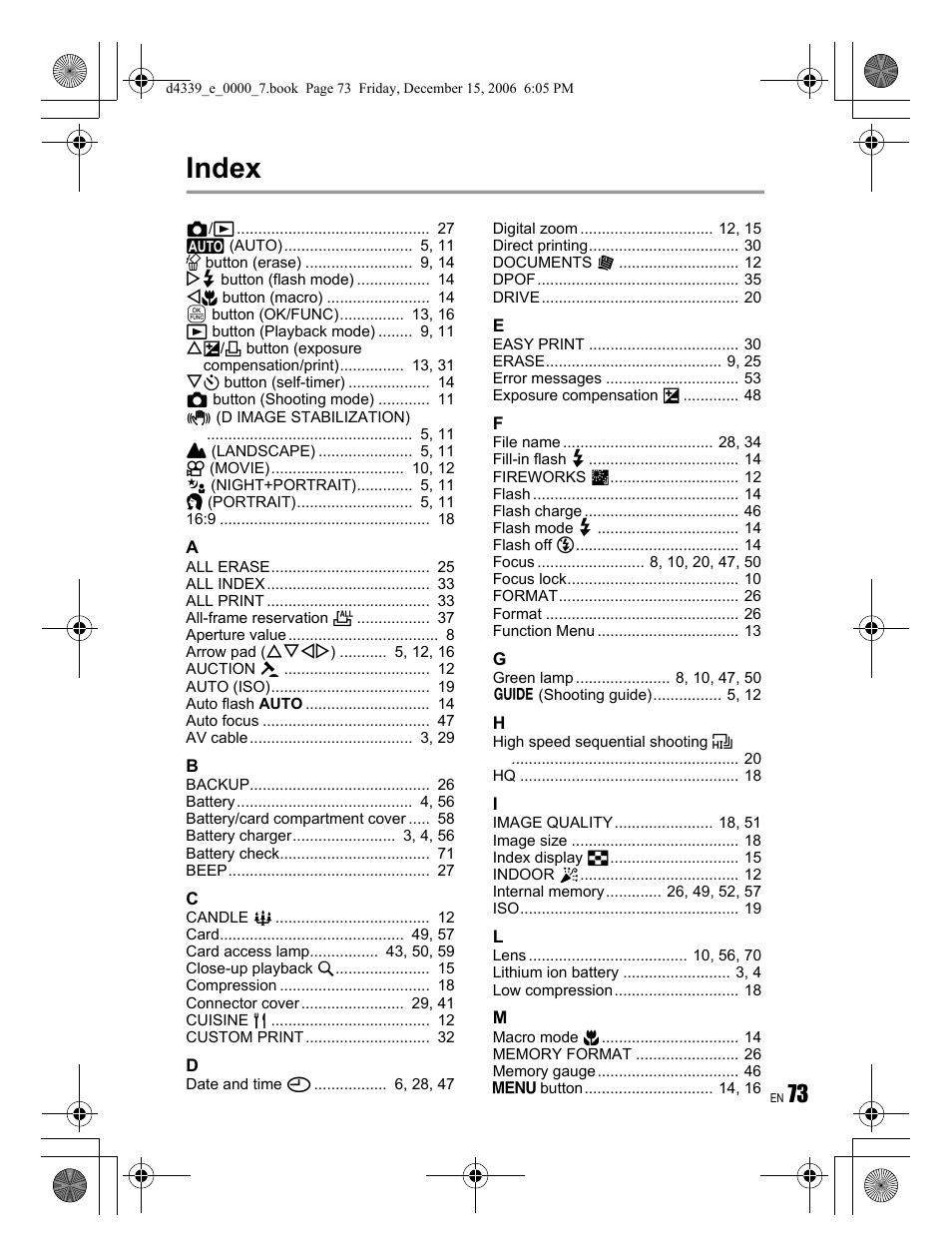 Index | Olympus FE-250 User Manual | Page 73 / 76