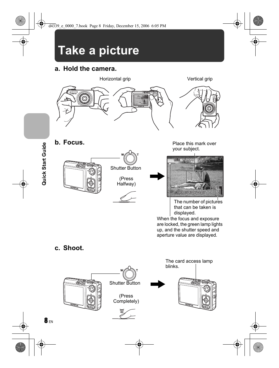 Take a picture, A. hold the camera. c. shoot, B. focus | Olympus FE-250 User Manual | Page 8 / 76