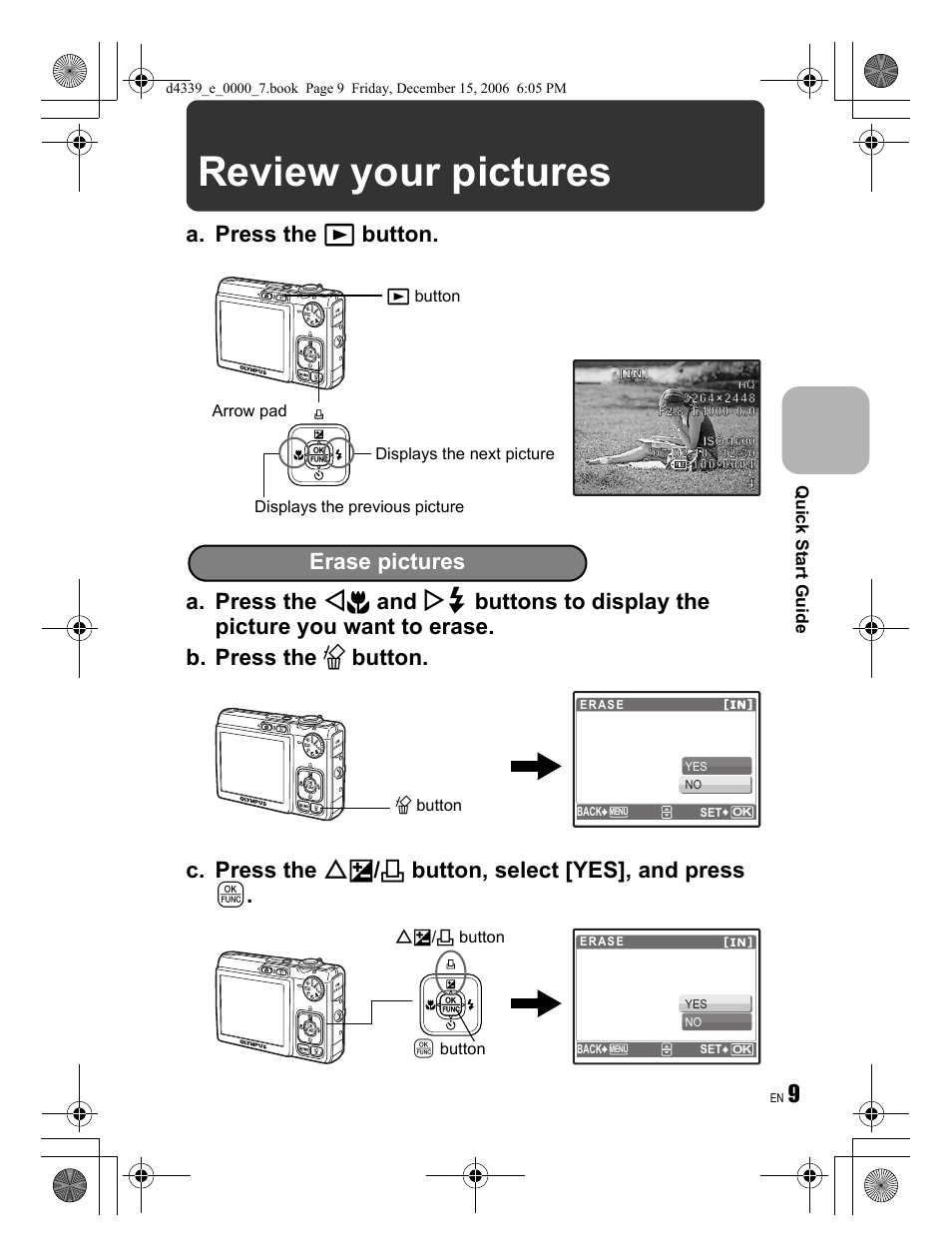 Review your pictures, Erase pictures | Olympus FE-250 User Manual | Page 9 / 76