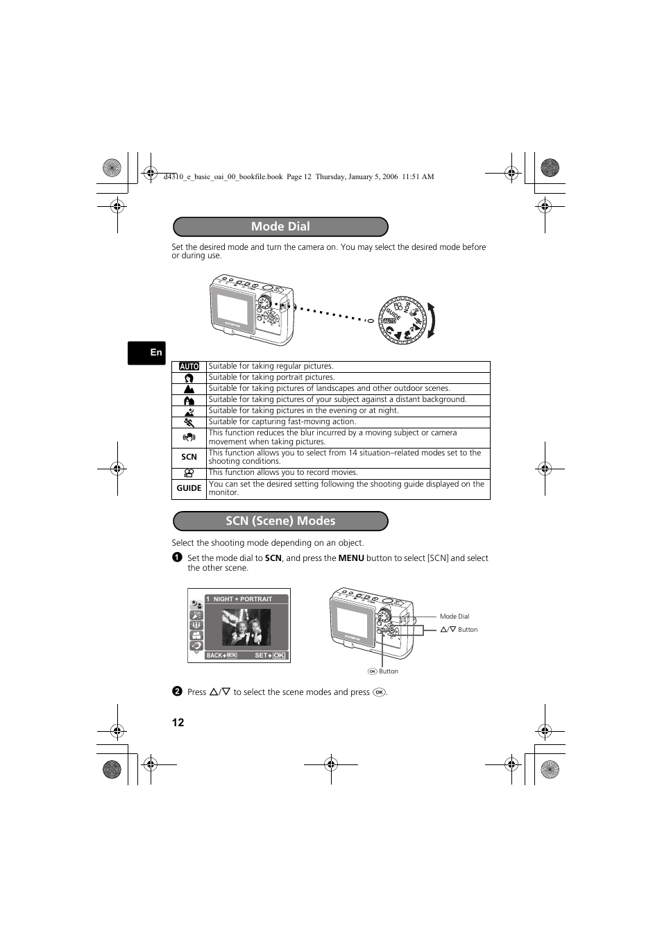 Mode dial scn (scene) modes | Olympus FE-130 User Manual | Page 12 / 108