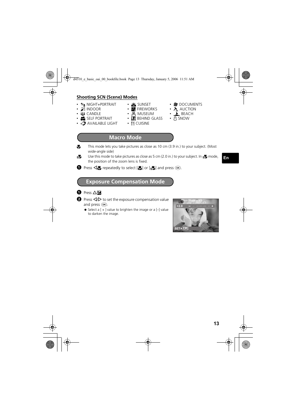 Macro mode exposure compensation mode | Olympus FE-130 User Manual | Page 13 / 108