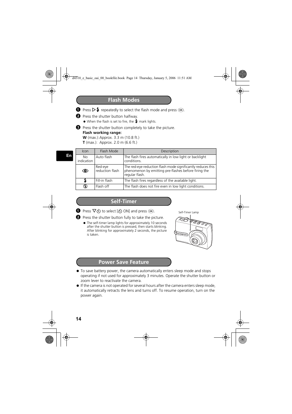 Flash modes self-timer, Power save feature | Olympus FE-130 User Manual | Page 14 / 108