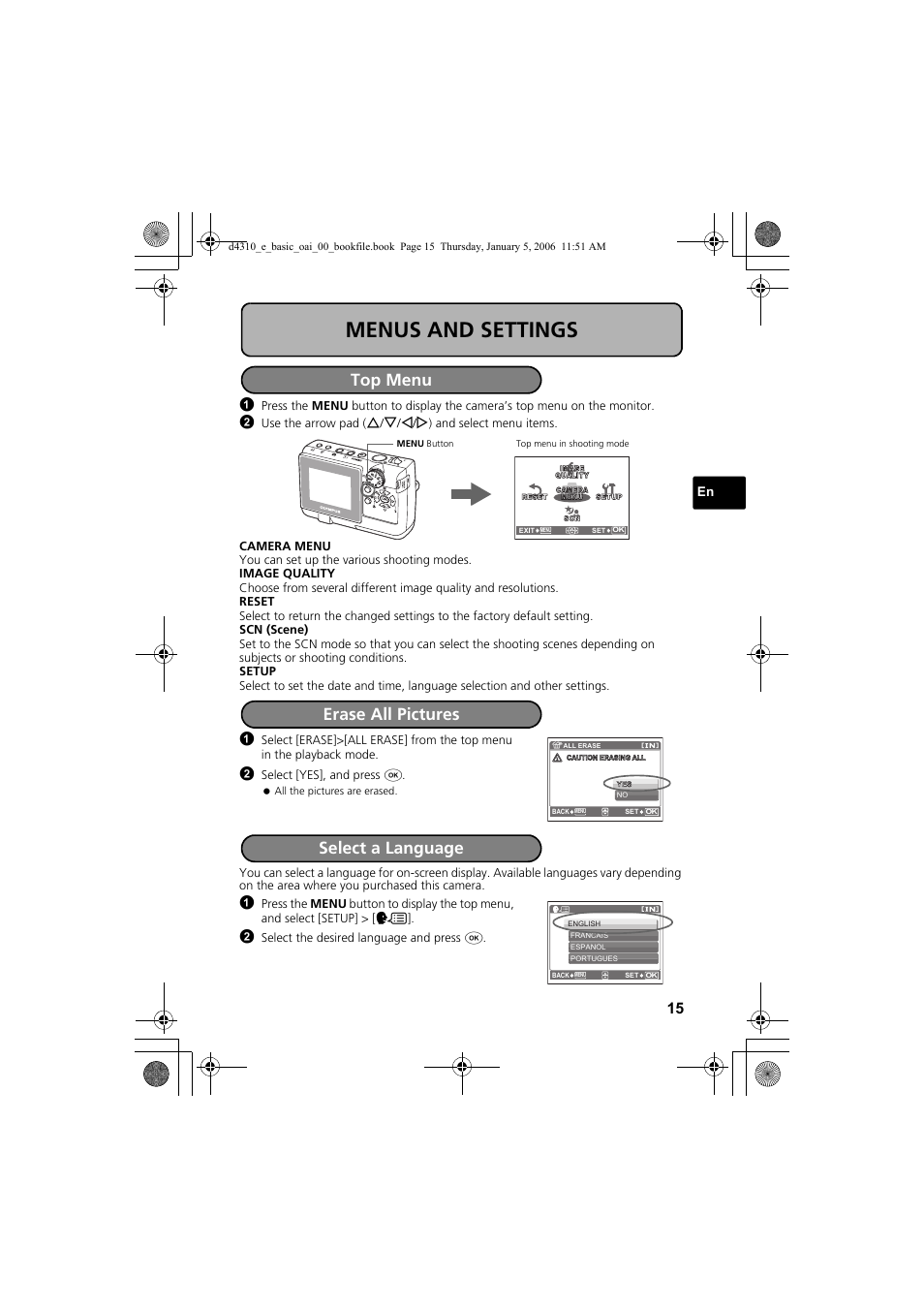 Menus and settings, Top menu, Erase all pictures | Select a language | Olympus FE-130 User Manual | Page 15 / 108