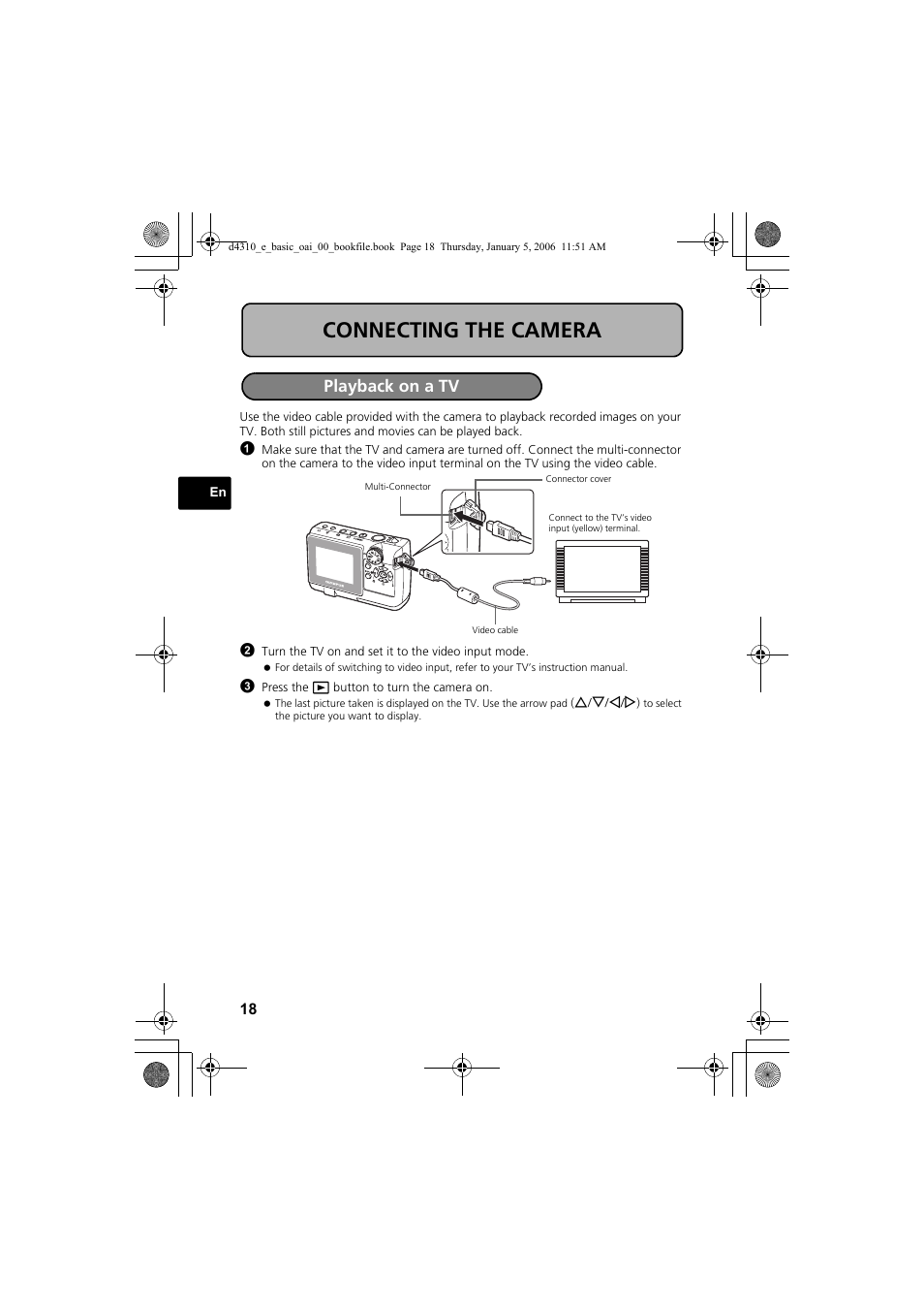 Connecting the camera, Playback on a tv | Olympus FE-130 User Manual | Page 18 / 108