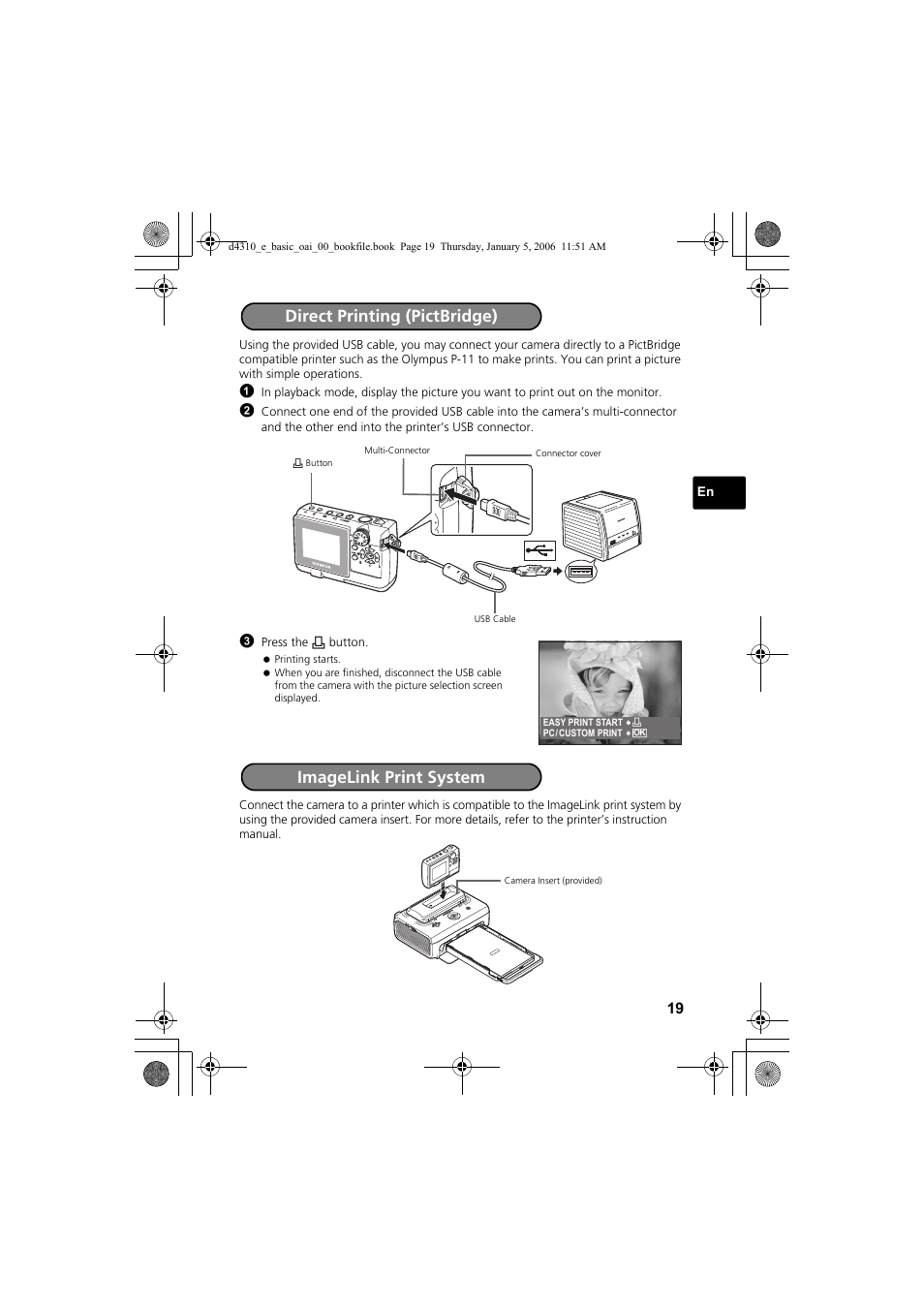 Direct printing (pictbridge), Imagelink print system | Olympus FE-130 User Manual | Page 19 / 108