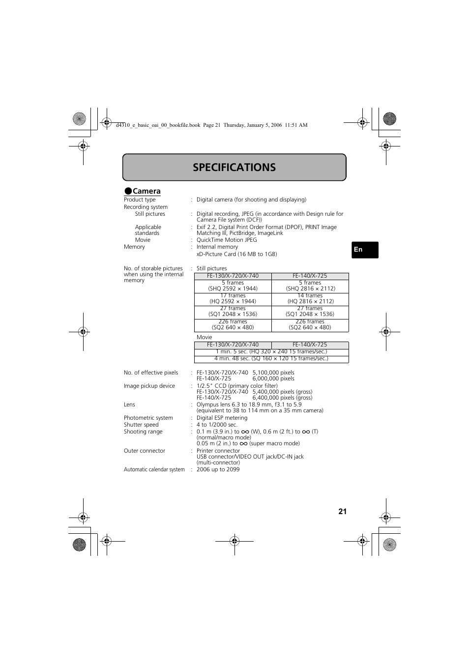 Specifications | Olympus FE-130 User Manual | Page 21 / 108