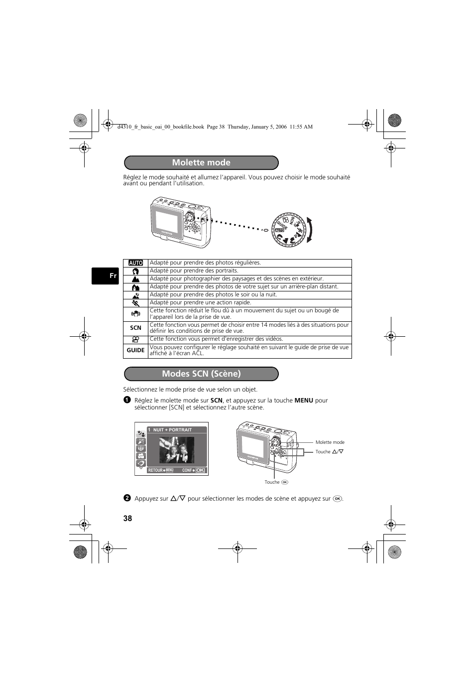 Molette mode modes scn (scène) | Olympus FE-130 User Manual | Page 38 / 108