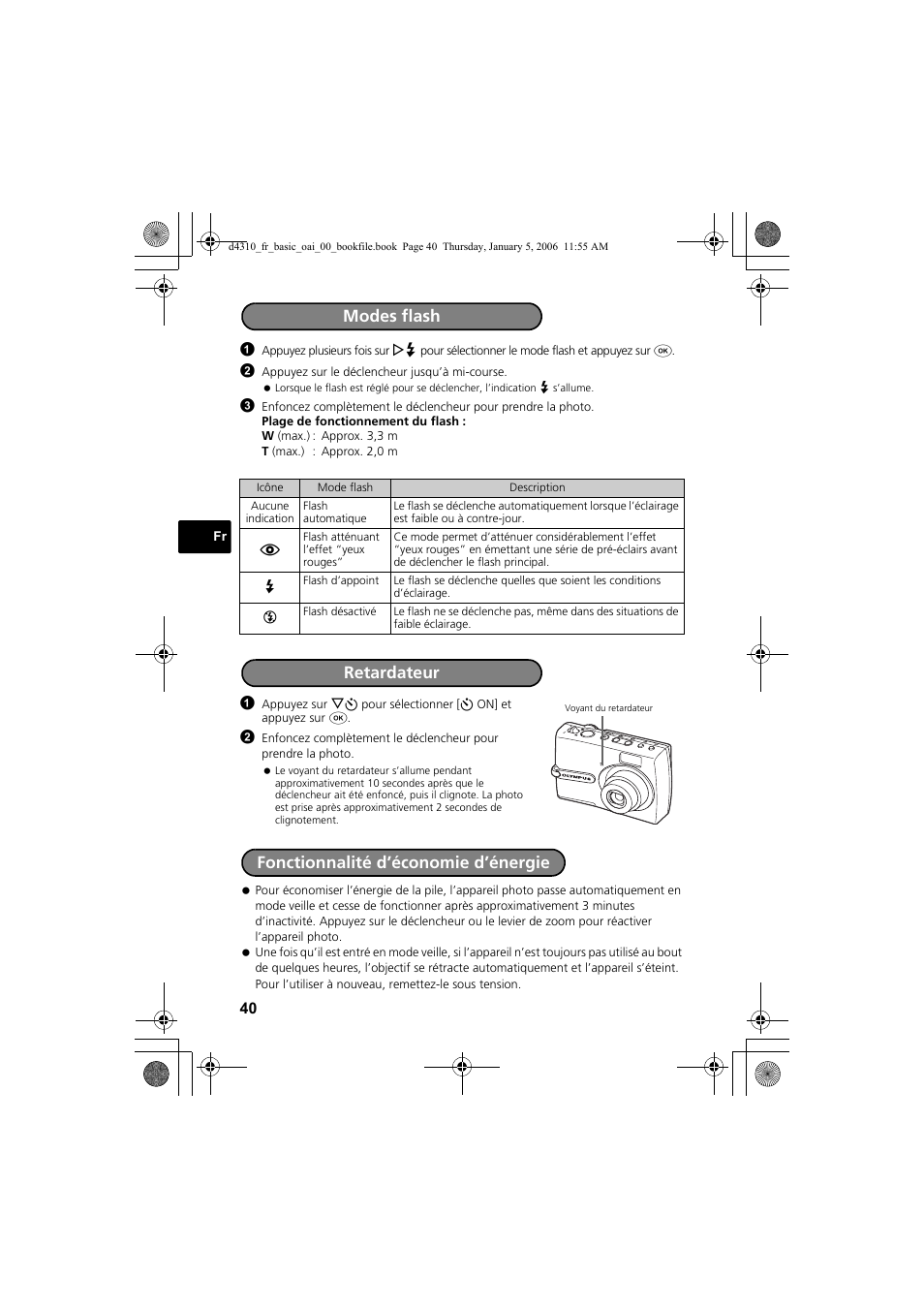 Modes flash retardateur, Fonctionnalité d’économie d’énergie | Olympus FE-130 User Manual | Page 40 / 108