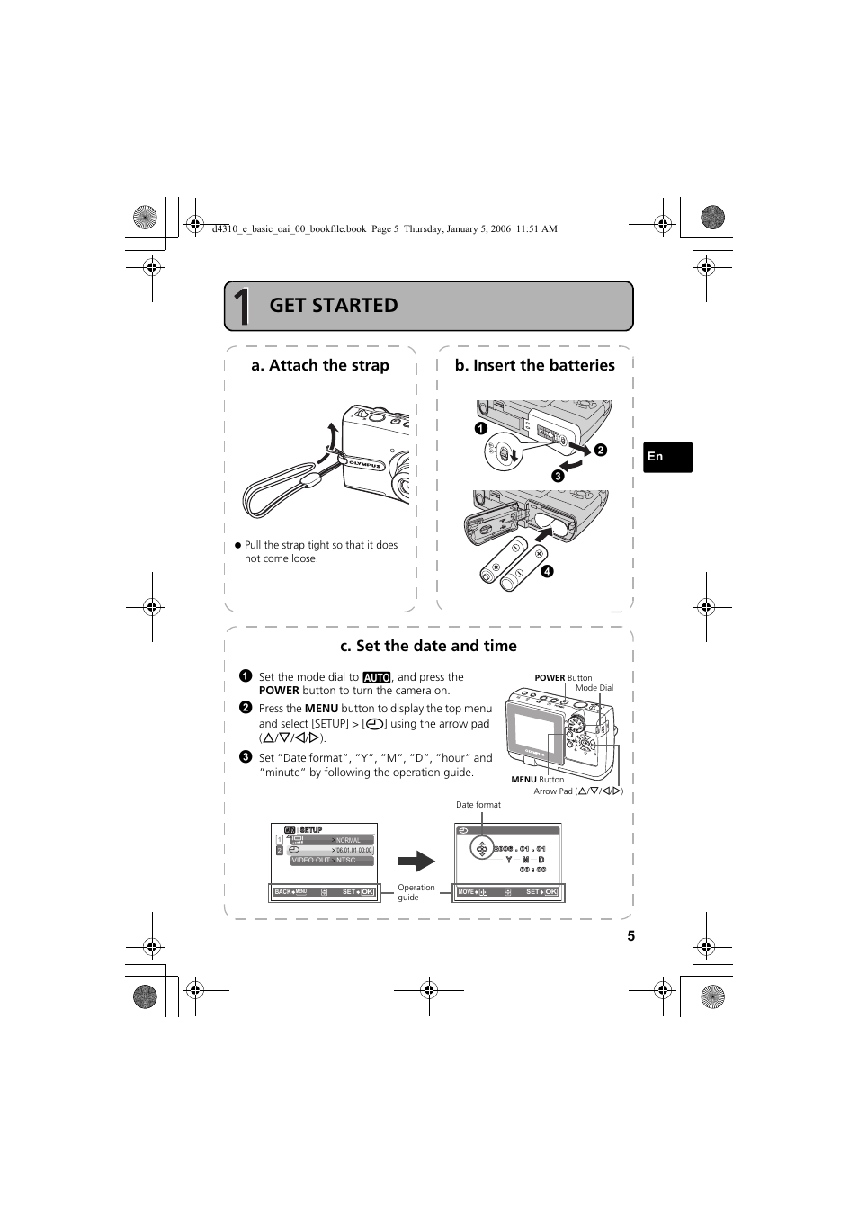 Get started, A. attach the strap b. insert the batteries, C. set the date and time | Olympus FE-130 User Manual | Page 5 / 108