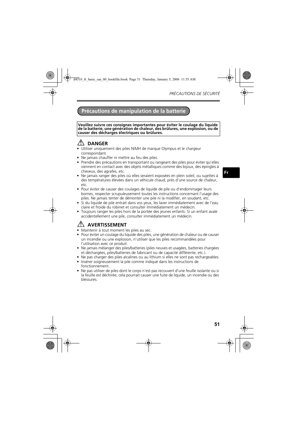 Précautions de manipulation de la batterie | Olympus FE-130 User Manual | Page 51 / 108