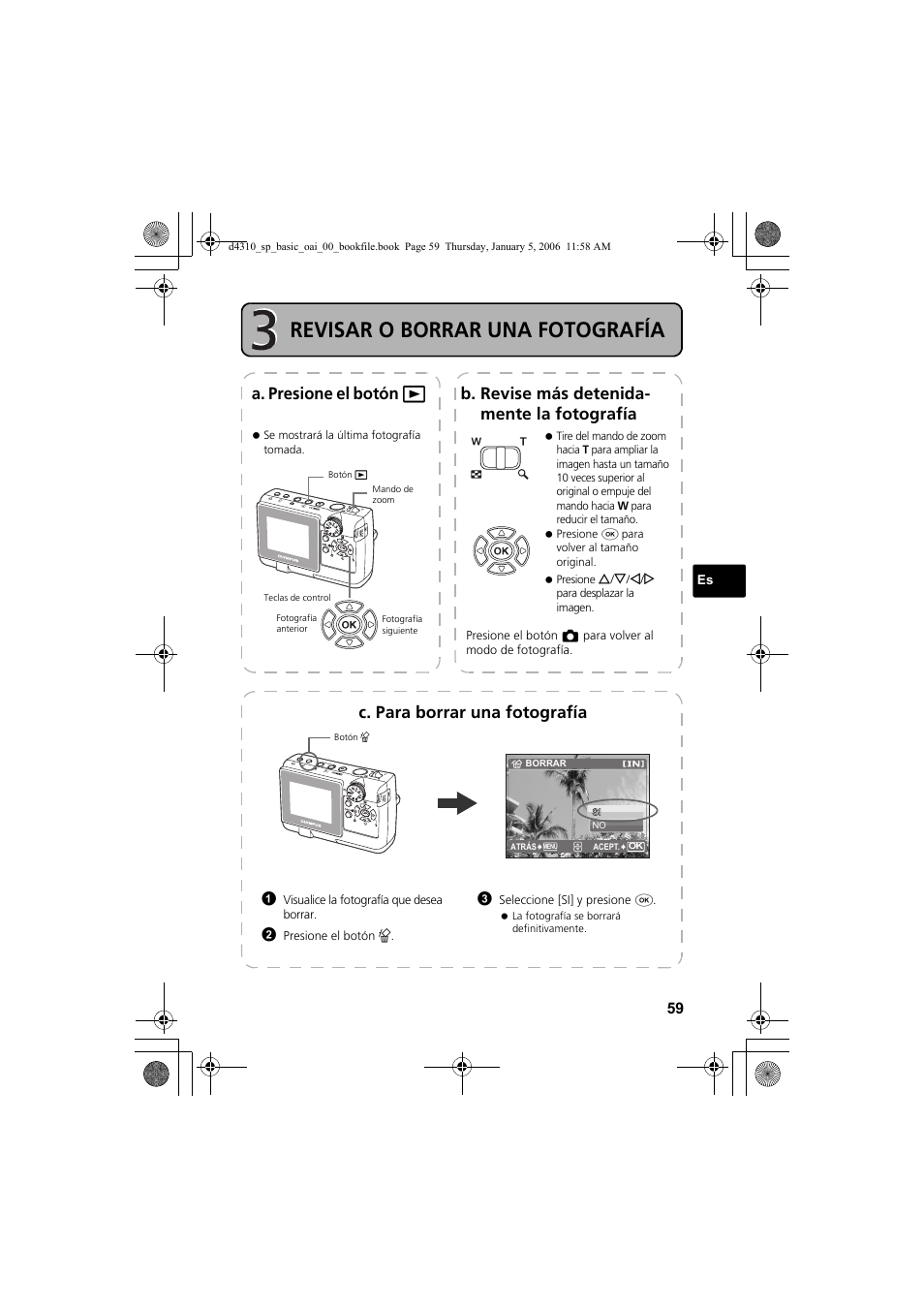 Revisar o borrar una fotografía, C. para borrar una fotografía | Olympus FE-130 User Manual | Page 59 / 108