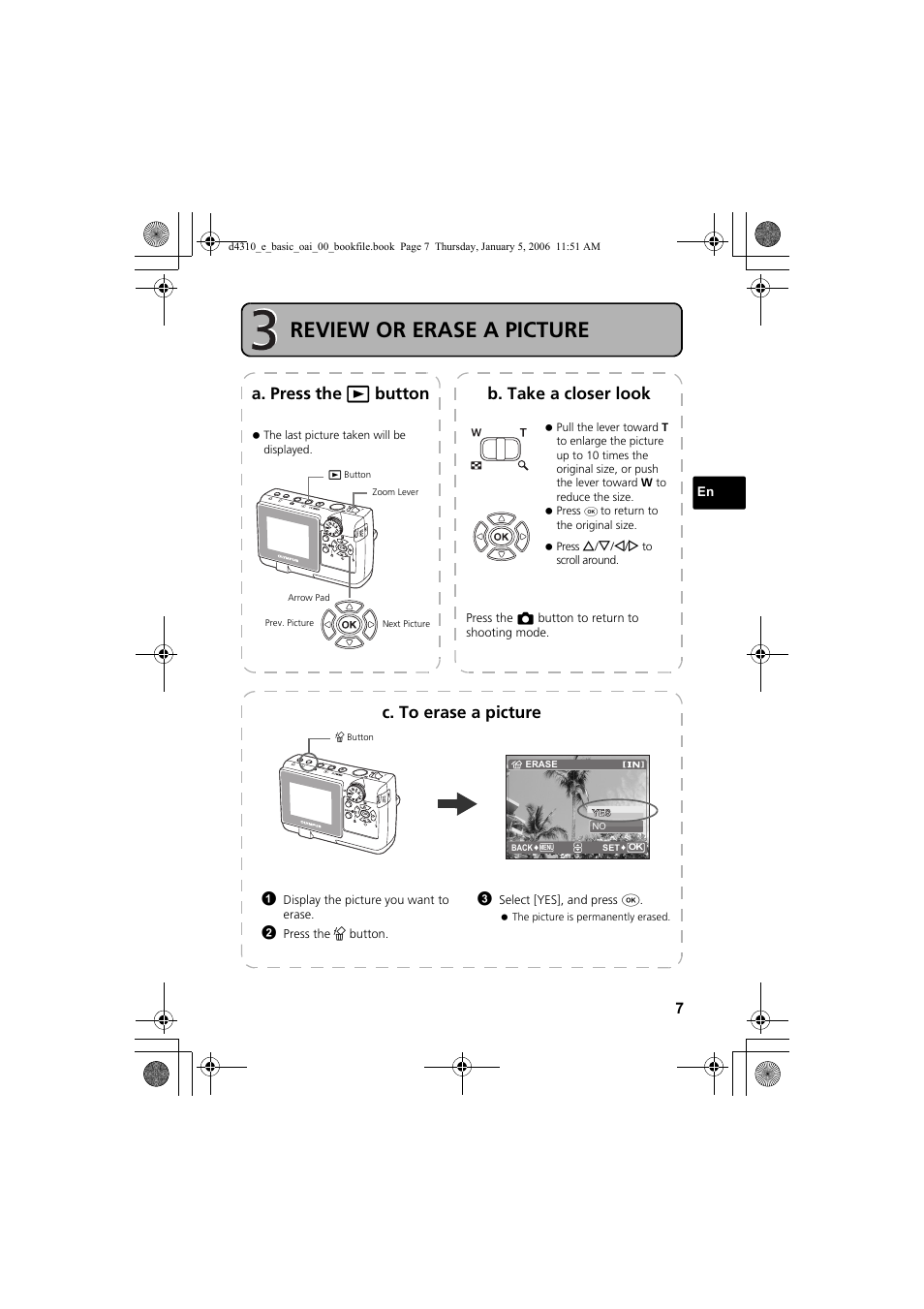 Review or erase a picture, A. press the q button b. take a closer look, C. to erase a picture | Olympus FE-130 User Manual | Page 7 / 108