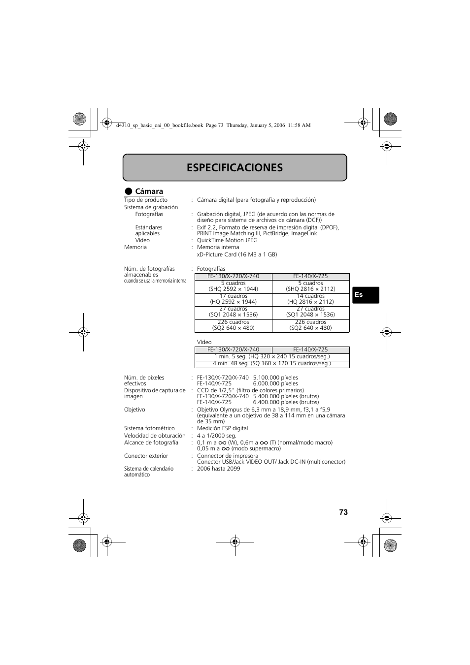 Especificaciones | Olympus FE-130 User Manual | Page 73 / 108