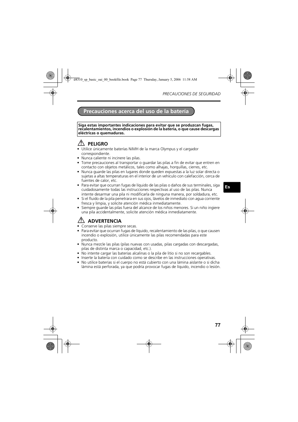 Precauciones acerca del uso de la batería | Olympus FE-130 User Manual | Page 77 / 108